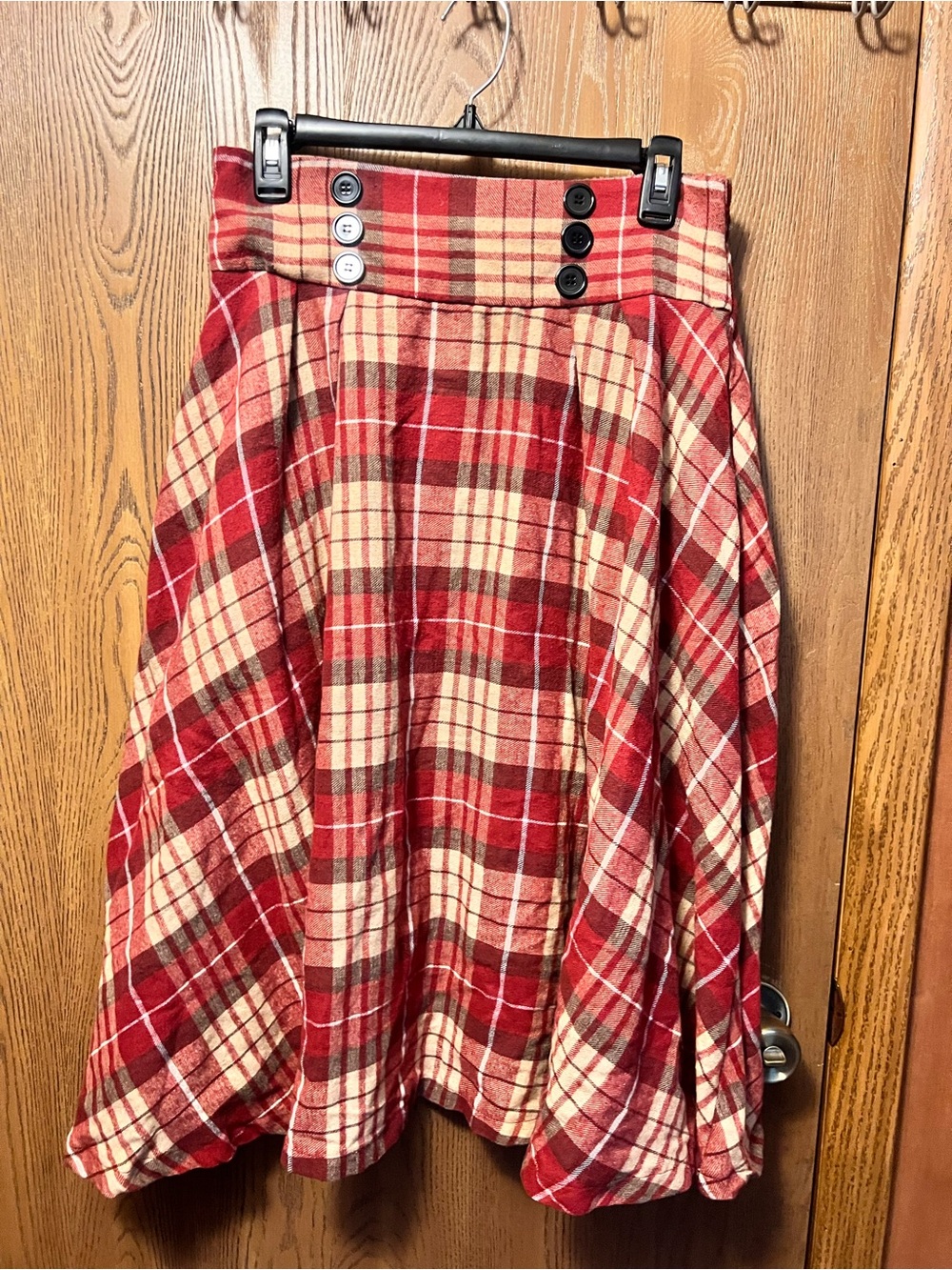 Red Plaid Circle Skirt with Button Waist
